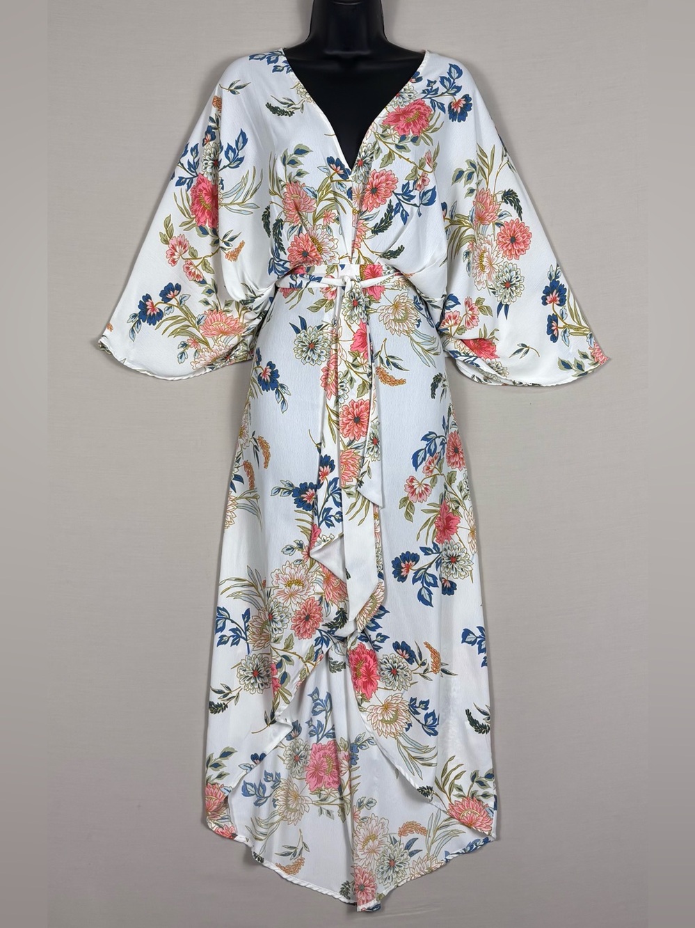 Petal & Pup Floral Wrap Midi Dress White Pink Tie Waist Boho Romantic US 6